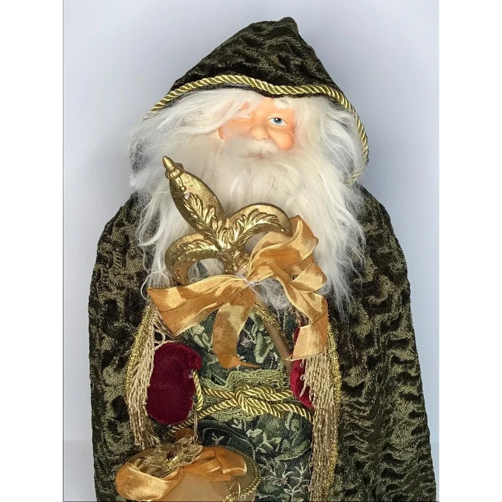 VTG Old World Santa Claus Topper Figurine Olive Green Velvet Lantern 24